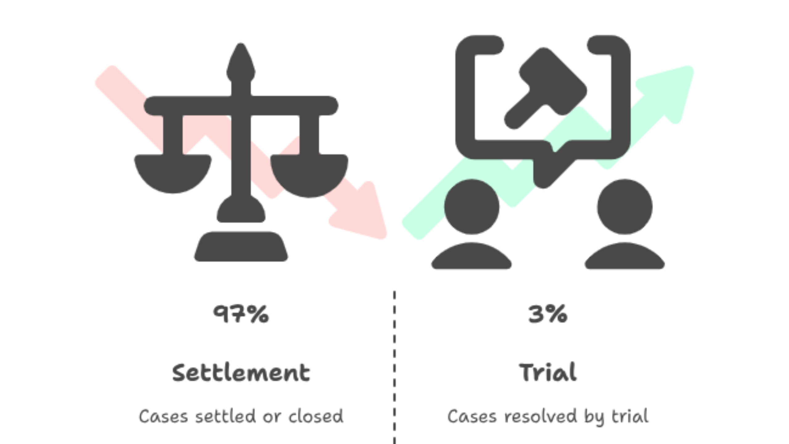 Infographic showing that 97% of cases are settled or closed through settlement, while only 3% are resolved by trial.