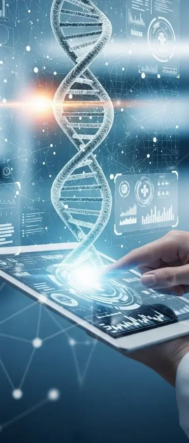 Digital DNA helix hologram on tablet screen with genetic data analytics for precision ai medicine records review