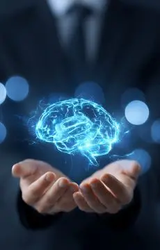 Glowing AI brain hologram representing AI Human Legal Transcription Services