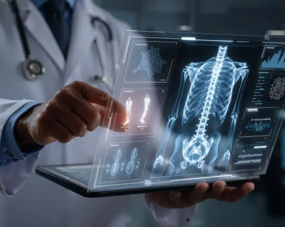 Doctor analyzing digital X-ray spine imaging on futuristic holographic medical tablet with AI diagnostics represent ai human medical records review