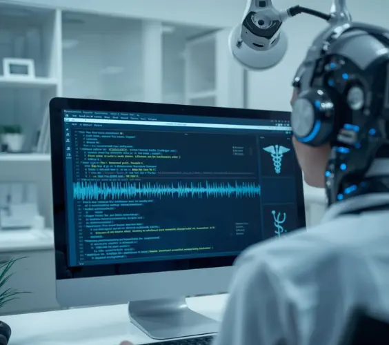 Medical Prfoessional processing medical records with AI code and analytics visualization on desktop monitor represents AI Human Medical Transcripton Services