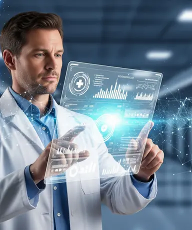 Medical Professional in white coat using futuristic holographic medical records interface with analytics dashboard represents EMR/EHR review