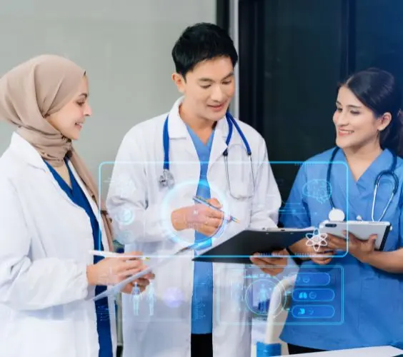 Medical professionals collaborating with AI medical technology interface and tablets for medical records review