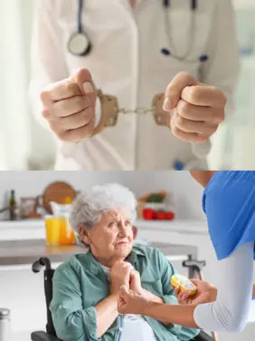 Medical-Malpractice-and-Nursing-Home-Abuse a doctor under arrest for medical malpractice in a hospital and an elderly patient facing abuse in a nursing home.