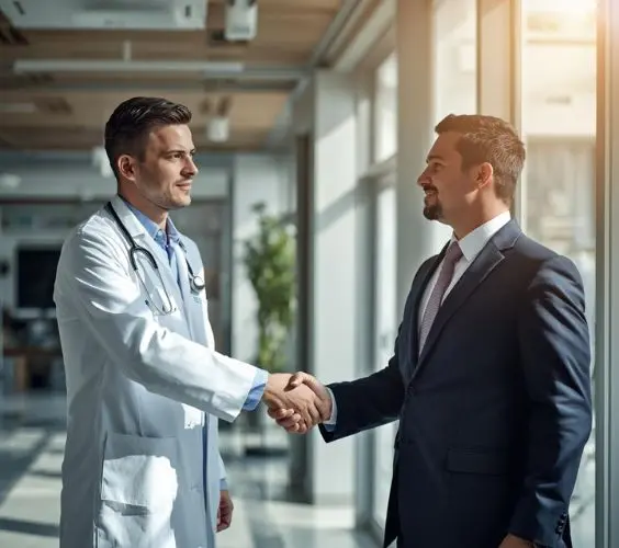 Medical Professional and Attorney shaking hands for collaboration AI human legal transcription services