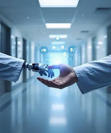 AI and human hand connecting with digital healthcare icons in corridor represents ai human medical records review
